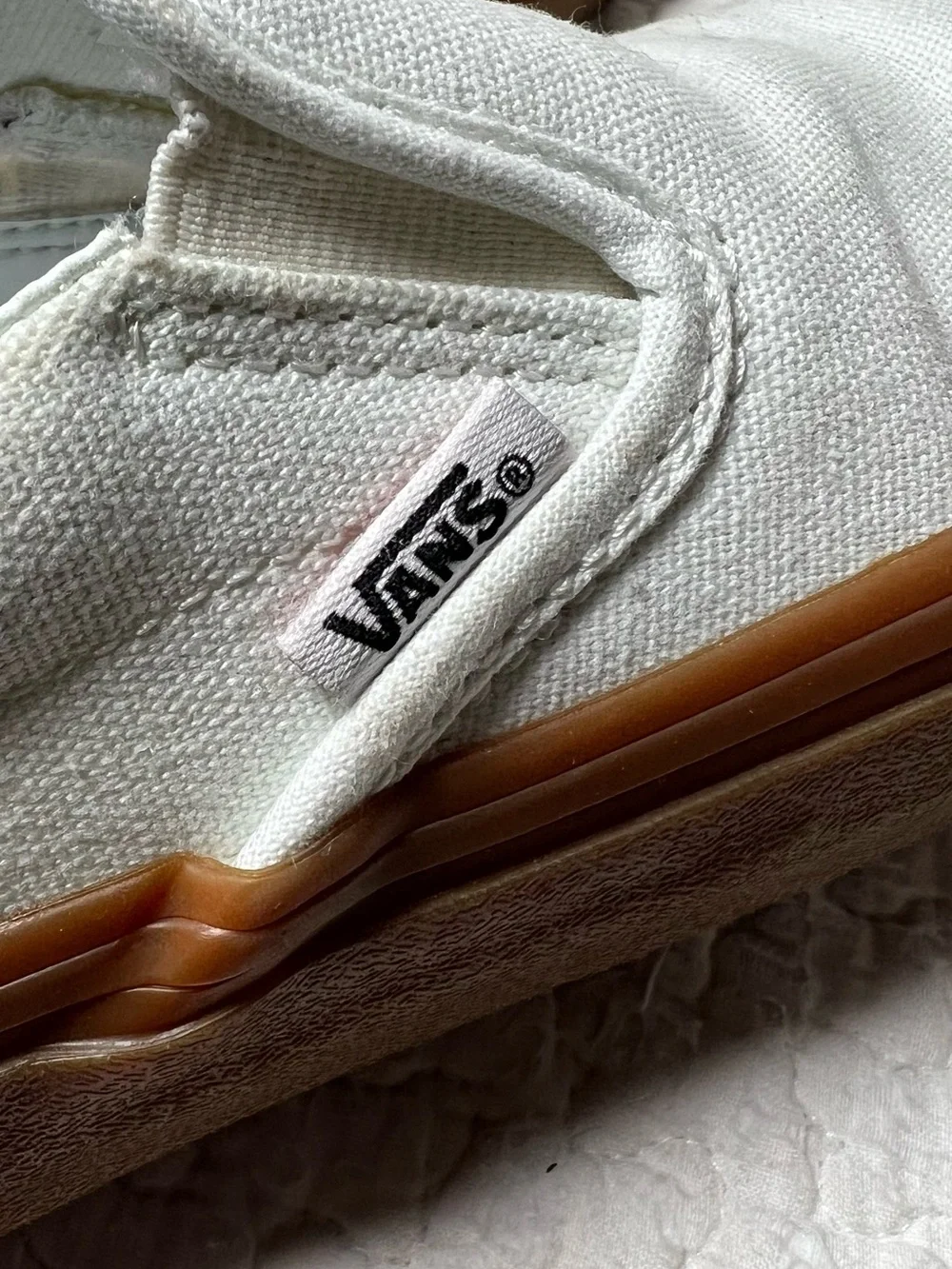 Vans White Canvas Slip-On with Brown Gum Toe and Sole